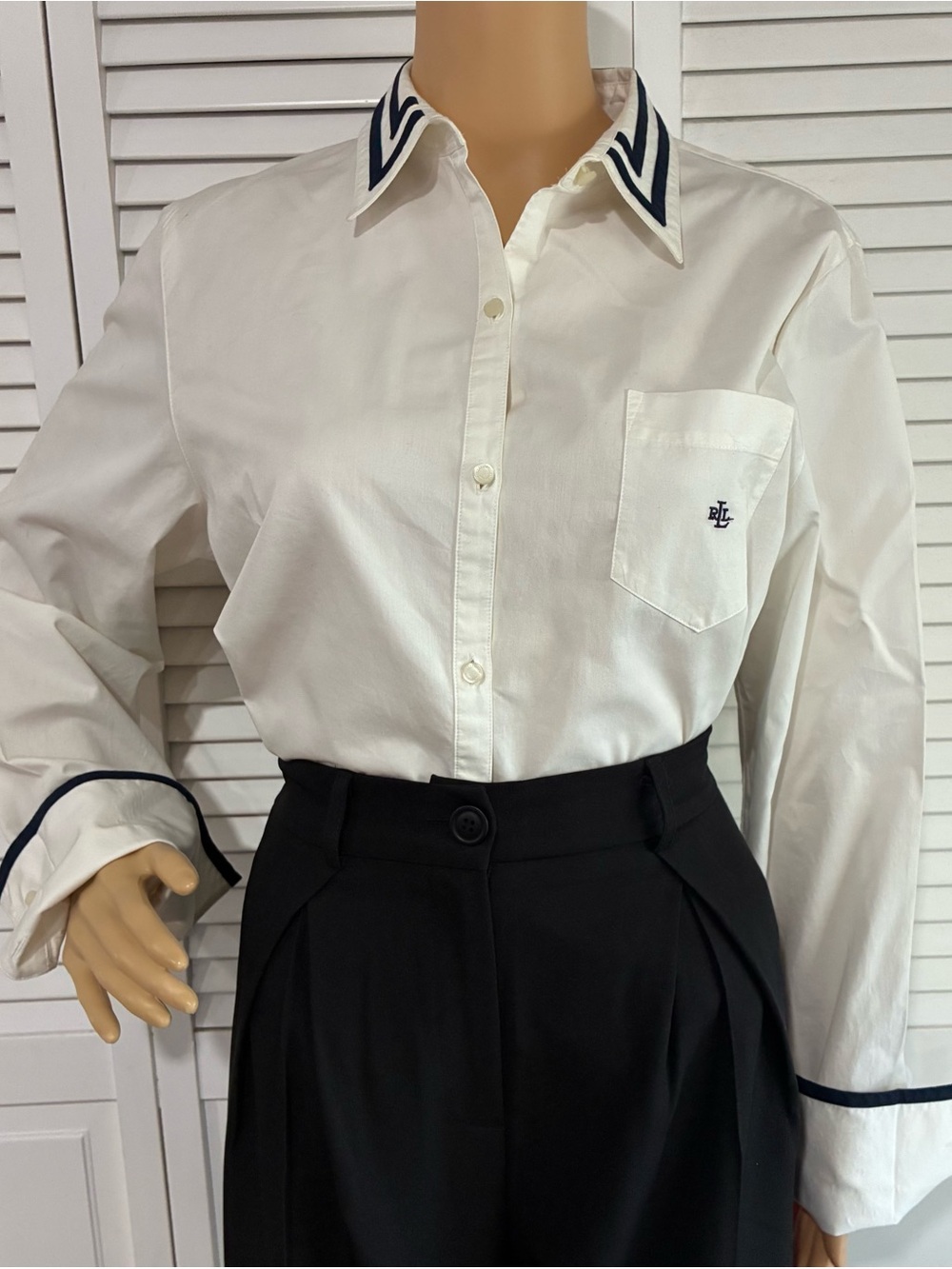 Ralph Lauren White Cotton Button-Down Shirt with Navy Trim